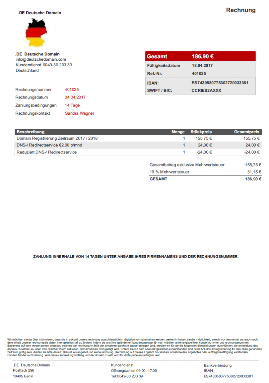Rechnung von .DE Deutsche Domain - Betrugsversuch