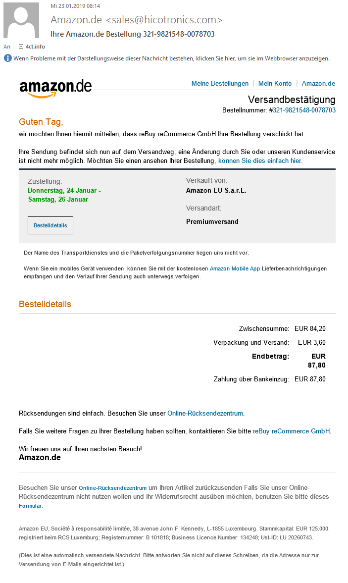 Gefälschte amazon-Versandbestätigung