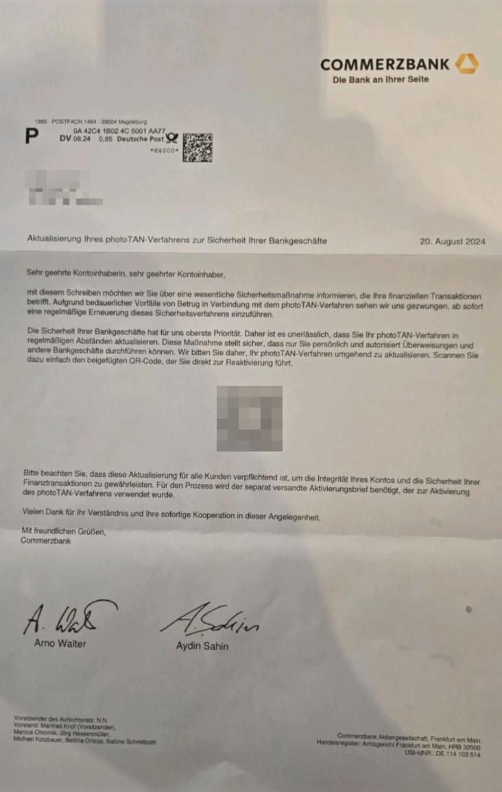 Phishing-Brief von der Commerzbank