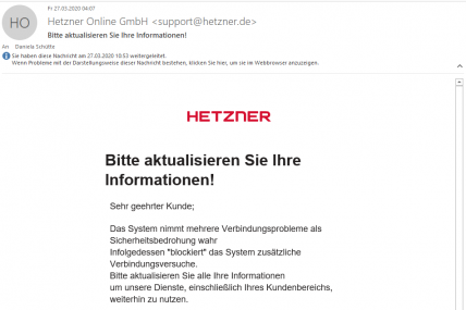 Phishing-Mail Hetzner, März 2020