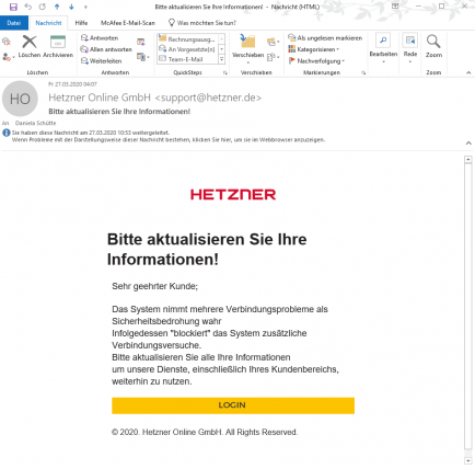 Phishing-Mail Hetzner, März 2020