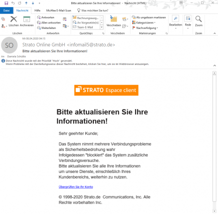 Phishing-Mail Strato, April 2020