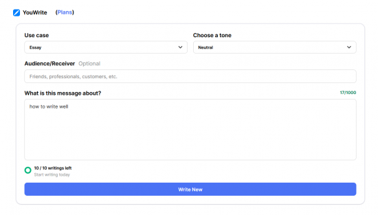 YOUWrite, Eingabeformular